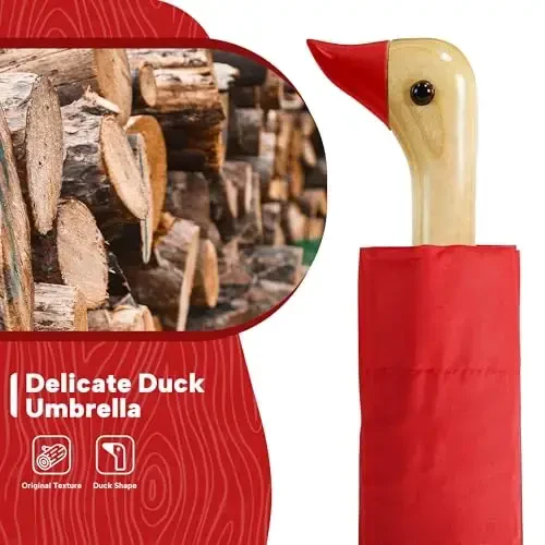 LEAGERA Compact Small зонтиклар Rain&Sun учун, Қизлар совғалари учун Cute Design Duck Head зонтик, Ёғоч дастали 8 та қаватли зонтик - 6