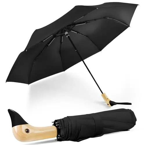 LEAGERA Compact Small Umbrellas for Rain&Sun, Cute Design Duck Head Umbrella for Girls Gifts, 8 Ribs Folding Umbrella with Wooden Handle - 1