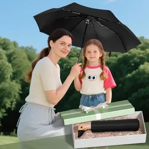 LEAGERA Compact Small Umbrellas for Rain&Sun, Cute Design Duck Head Umbrella for Girls Gifts, 8 Ribs Folding Umbrella with Wooden Handle - 3