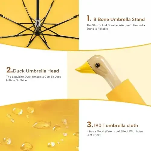 LEAGERA Compact Small Umbrellas for Rain&Sun, Cute Design Duck Head Umbrella for Girls Gifts, 8 Ribs Folding Umbrella with Wooden Handle - 3