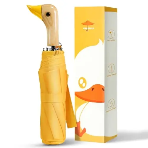 LEAGERA Compact Small Umbrellas for Rain&Sun, Cute Design Duck Head Umbrella for Girls Gifts, 8 Ribs Folding Umbrella with Wooden Handle - LEAGERA (1)