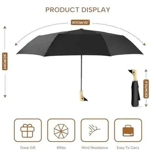LEAGERA Compact Small Umbrellas for Rain&Sun, Cute Design Duck Head Umbrella for Girls Gifts, 8 Ribs Folding Umbrella with Wooden Handle - 2