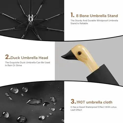 LEAGERA Compact Small Umbrellas for Rain&Sun, Cute Design Duck Head Umbrella for Girls Gifts, 8 Ribs Folding Umbrella with Wooden Handle - 5