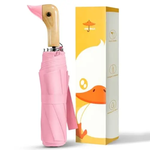 LEAGERA Compact Small Umbrellas for Rain&Sun, Cute Design Duck Head Umbrella for Girls Gifts, 8 Ribs Folding Umbrella with Wooden Handle 