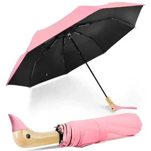 LEAGERA Compact Small Umbrellas for Rain&Sun, Cute Design Duck Head Umbrella for Girls Gifts, 8 Ribs Folding Umbrella with Wooden Handle - 1
