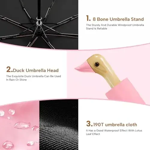 LEAGERA Compact Small Umbrellas for Rain&Sun, Cute Design Duck Head Umbrella for Girls Gifts, 8 Ribs Folding Umbrella with Wooden Handle - 5