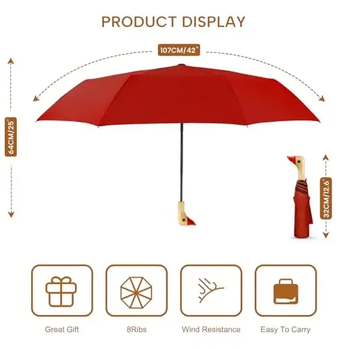 LEAGERA Compact Small Umbrellas for Rain&Sun, Cute Design Duck Head Umbrella for Girls Gifts, 8 Ribs Folding Umbrella with Wooden Handle - 2