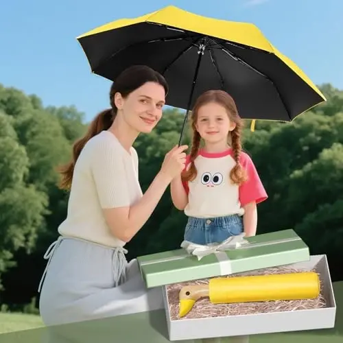 LEAGERA Compact Small Umbrellas for Rain&Sun, Cute Design Duck Head Umbrella for Girls Gifts, 8 Ribs Folding Umbrella with Wooden Handle - 3
