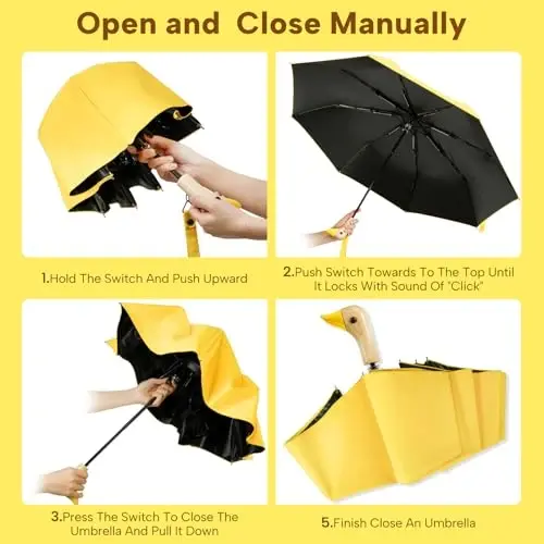 LEAGERA Compact Small Umbrellas for Rain&Sun, Cute Design Duck Head Umbrella for Girls Gifts, 8 Ribs Folding Umbrella with Wooden Handle - 6