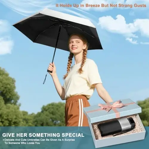 LEAGERA Mini Umbrella For Purse - UPF 50+ UV Blocker Sun Protection Umbrella, Small Micro Travel Parasol Design for Women, Black - 3