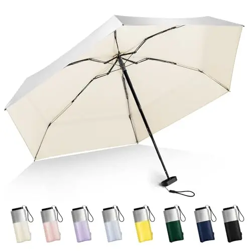 LEAGERA Mini Umbrella For Purse - UPF 50+ UV Blocker Sun Protection Umbrella, Small Micro Travel Parasol Design for Women, Beige 