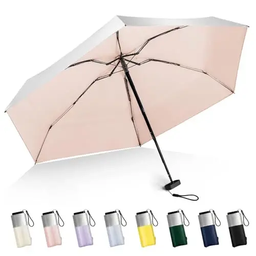 LEAGERA Mini Umbrella For Purse - UPF 50+ UV Blocker Sun Protection Umbrella, Small Micro Travel Parasol Design for Women, Pink | Titanium silver UV coating micro size, lightweight carry for purse/ pocket,summer travel, walking & outdoor - LEAGERA