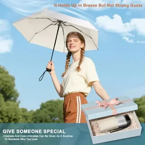 LEAGERA Mini Umbrella For Purse - UPF 50+ UV Blocker Sun Protection Umbrella, Small Micro Travel Parasol Design for Women, Beige - 6