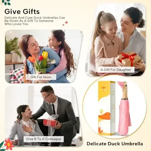 LEAGERA Rain&Sun uchun ixcham kichik soyabonlar, Qizlar sovg'alari uchun yoqimli o'rdak boshi soyaboni, yog'och dastali 8 qirrali katlanadigan soyabon - 4