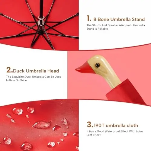 LEAGERA Compact Small Umbrellas for Rain&Sun, Cute Design Duck Head Umbrella for Girls Gifts, 8 Ribs Folding Umbrella with Wooden Handle - 5
