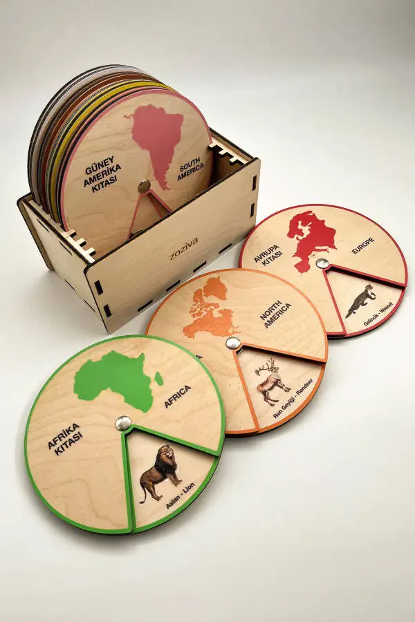 Learning Animals Living on Continents, Montessori Educational Wooden Wheel Toy, 7 Continents and Box - 1