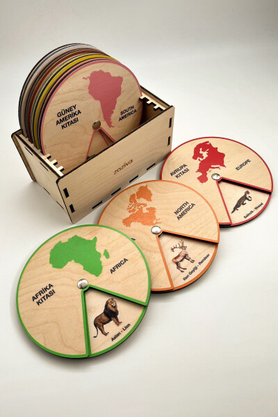 Learning Animals Living on Continents, Montessori Educational Wooden Wheel Toy, 7 Continents and Box - ZOZIVA