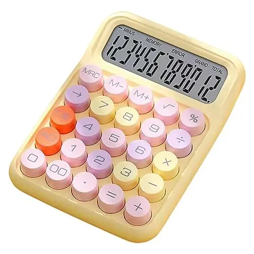 leasote Creative Colorful Candy-Colored Electronic Calculator,12 Digit Large LCD Display and Big Round Buttons, Typewriter-Inspired Mechanical Key Calculator for Office,School, Home, Business Use YEL - 1