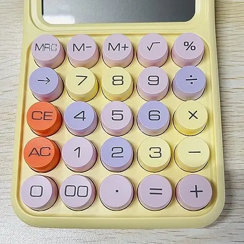 leasote Creative Colorful Candy-Colored Electronic Calculator,12 Digit Large LCD Display and Big Round Buttons, Typewriter-Inspired Mechanical Key Calculator for Office,School, Home, Business Use YEL - 2