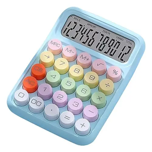 leasote Creative Colorful Candy-colored Electronic Calculator,12 Digit Large LCD Display and Big Round Buttons, Typewriter-Inspired Mechanical Key Calculator for Office,School, Home, Business Use Blue - 1