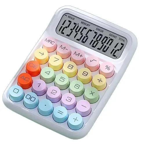 leasote Creative Colorful Candy-Colored Electronic Calculator,12 Digit Large LCD Display and Big Round Buttons, Typewriter-Inspired Mechanical Key Calculator for Office,School, Home, Business Use WHI - 1