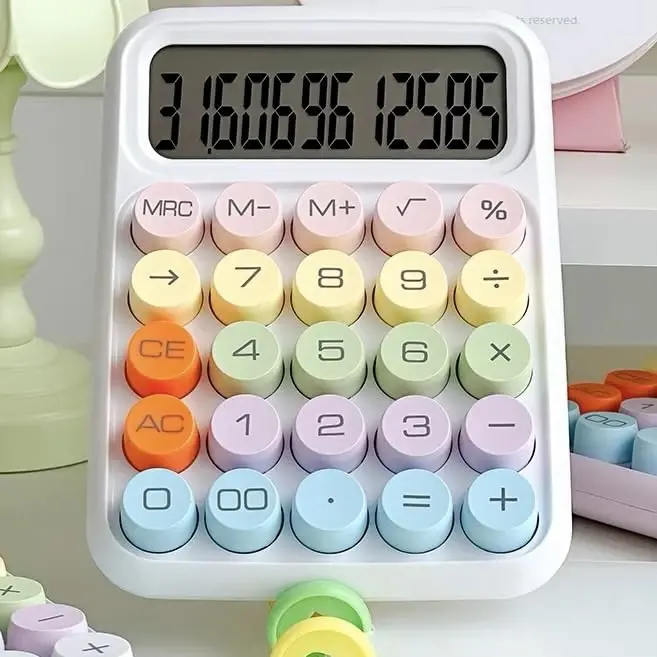 leasote Creative Colorful Candy-Colored Electronic Calculator,12 Digit Large LCD Display and Big Round Buttons, Typewriter-Inspired Mechanical Key Calculator for Office,School, Home, Business Use WHI - 2