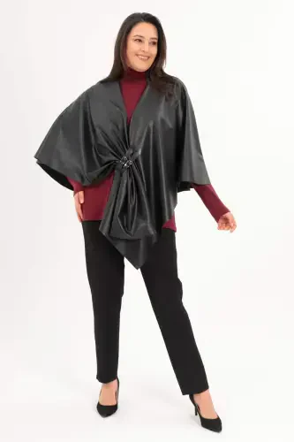 Leather and Leather Buckle Detailed Black Shawl Poncho - 1