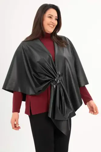 Leather and Leather Buckle Detailed Black Shawl Poncho - BÜYÜKBEDENIZ (1)