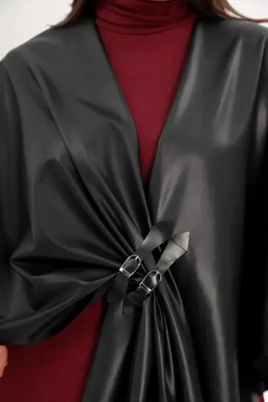 Leather and Leather Buckle Detailed Black Shawl Poncho - 4