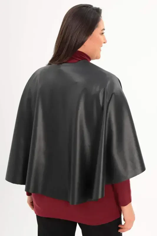 Leather and Leather Buckle Detailed Black Shawl Poncho - 5