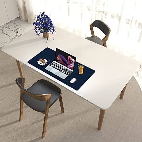 Leather Desk Pad Protector,Mouse Pad,Office Desk Mat,Non-Slip PU Leather Desk Blotter,Laptop Desk Pad,Waterproof Desk Writing Pad for Office and Home(Dark Blue,31.5