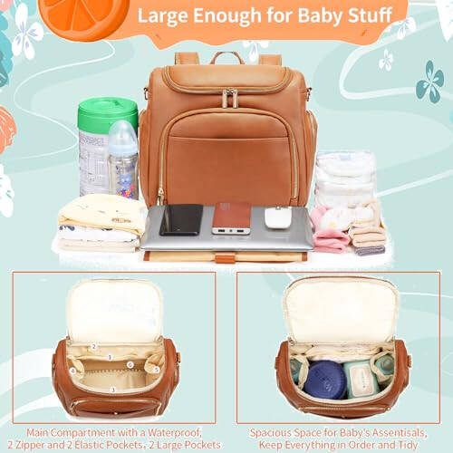 Leather Diaper Bag Backpack with Changing Pad - Multi-Function Large Capacity Baby Bag with Adjustable Shoulder Strap & Stroller Straps - 8