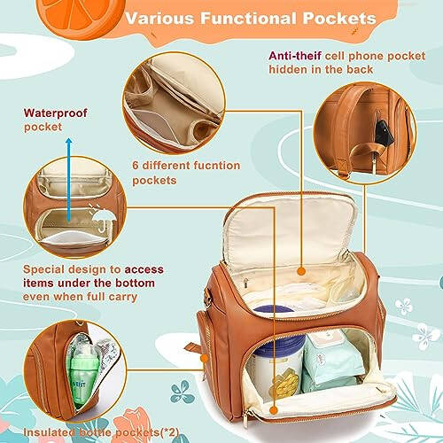 Leather Diaper Bag Backpack with Changing Pad - Multi-Function Large Capacity Baby Bag with Adjustable Shoulder Strap & Stroller Straps - 9