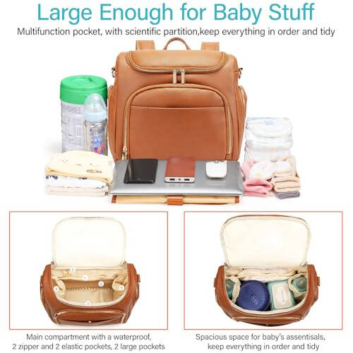 Leather Diaper Bag Backpack with Changing Pad - Multi-Function Large Capacity Baby Bag with Adjustable Shoulder Strap & Stroller Straps - 1