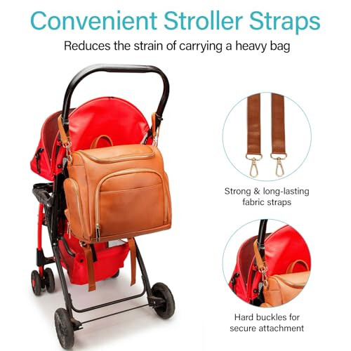 Leather Diaper Bag Backpack with Changing Pad - Multi-Function Large Capacity Baby Bag with Adjustable Shoulder Strap & Stroller Straps - 3