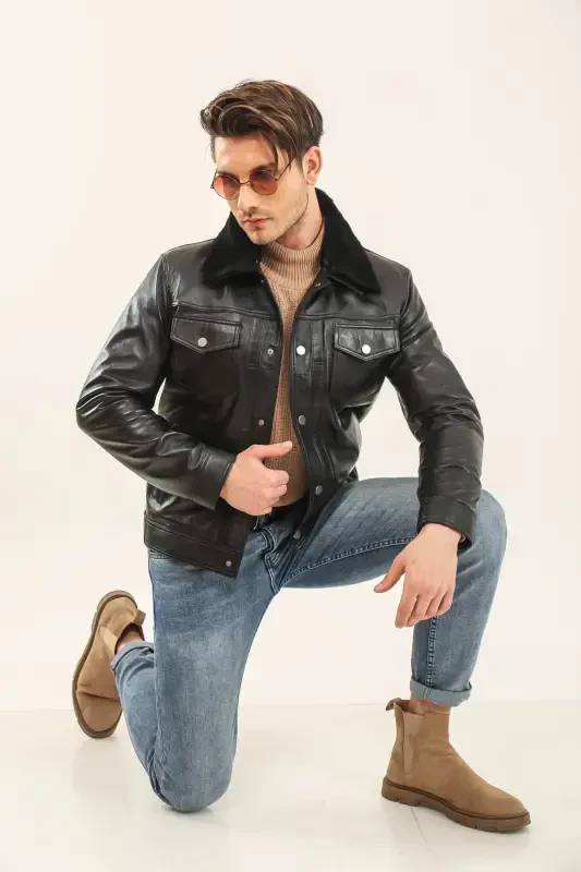 Leather Fur Collar Mobile Collar Men's Leather Jacket-BLACK - YAMAN