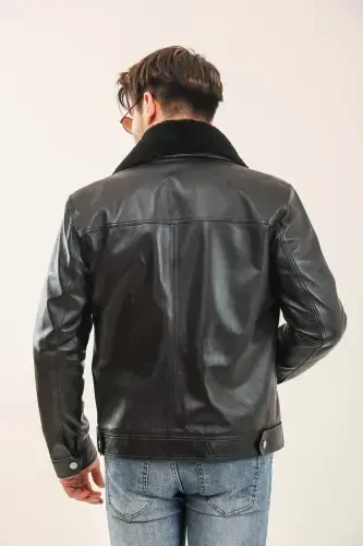 Leather Fur Collar Mobile Collar Men's Leather Jacket-BLACK - YAMAN (1)