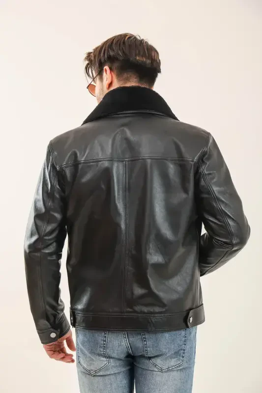 Leather Fur Collar Mobile Collar Men's Leather Jacket-BLACK - 2