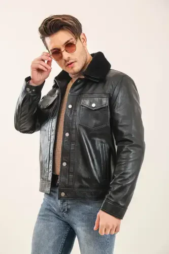 Leather Fur Collar Mobile Collar Men's Leather Jacket-BLACK - 3