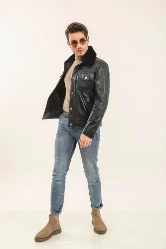 Leather Fur Collar Mobile Collar Men's Leather Jacket-BLACK - 4