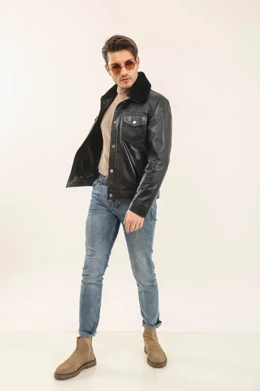Leather Fur Collar Mobile Collar Men's Leather Jacket-BLACK - 4