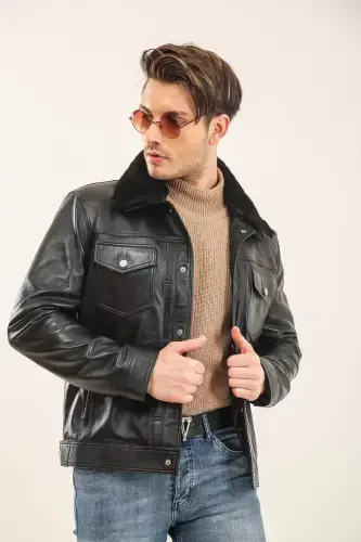 Leather Fur Collar Mobile Collar Men's Leather Jacket-BLACK - 5