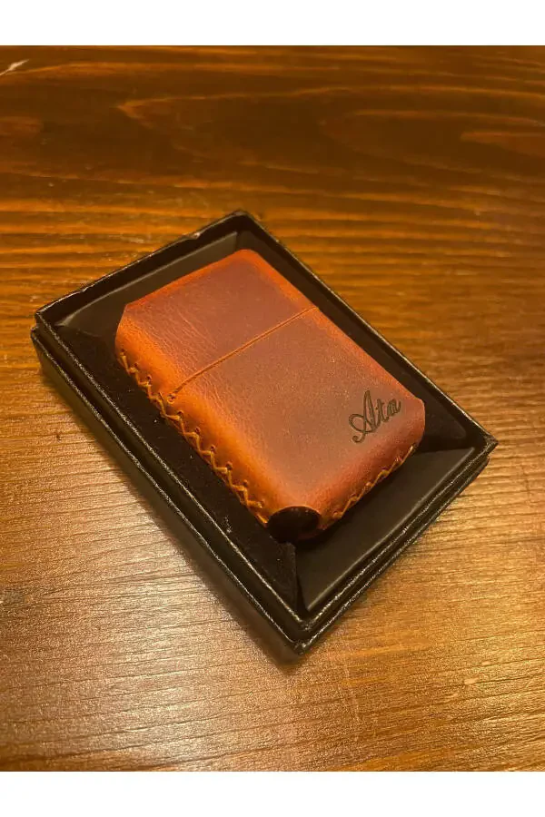 Leather Handmade Genuine Leather Zippo Lighter Gasoline NAME SHAPE LOGO WRITTEN - 2