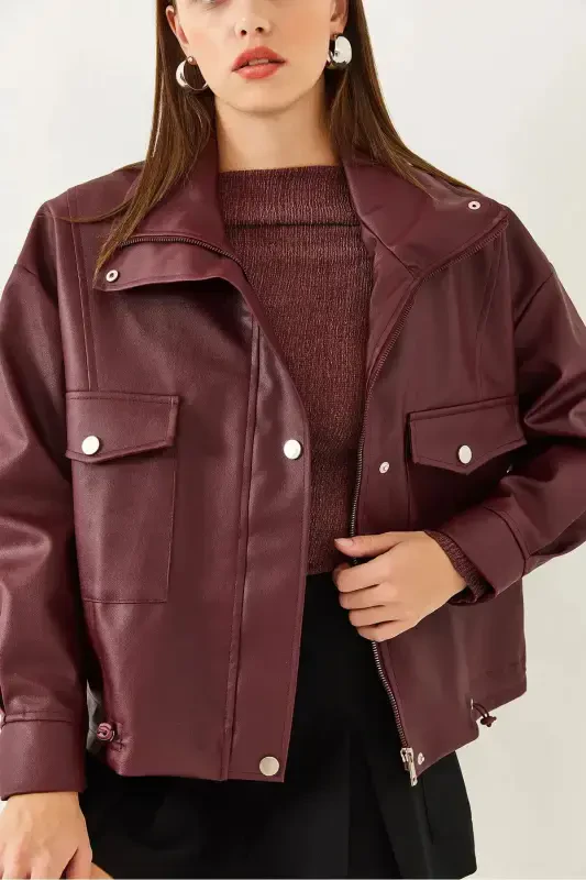 Leather Jacket with Shirring Detail on the Sides - Oversize - Burgundy - 3