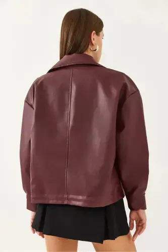 Leather Jacket with Shirring Detail on the Sides - Oversize - Burgundy - 4