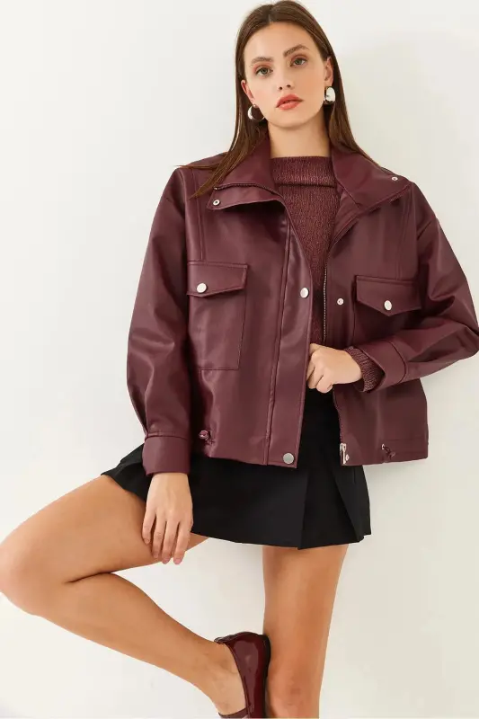 Leather Jacket with Shirring Detail on the Sides - Oversize - Burgundy - 2