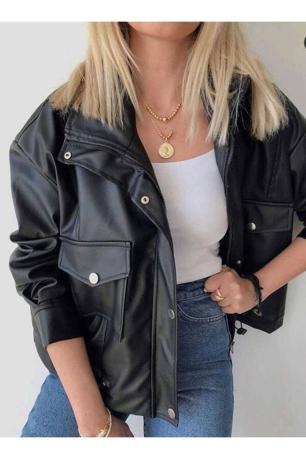 Leather Jacket with Side Ruching - Oversized - 5