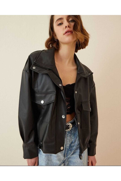 Leather Jacket with Side Ruching - Oversized - 6