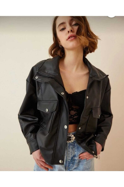 Leather Jacket with Side Ruching - Oversized - 7