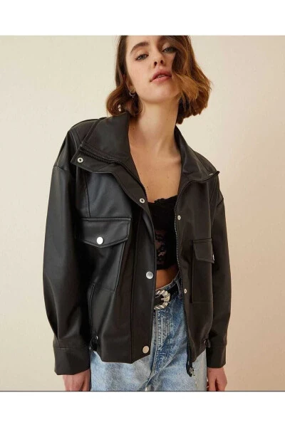 Leather Jacket with Side Ruching - Oversized - AUGUST (1)